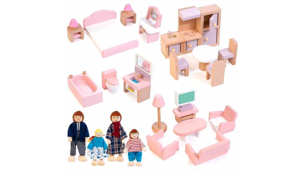 wooden dollhouse with family