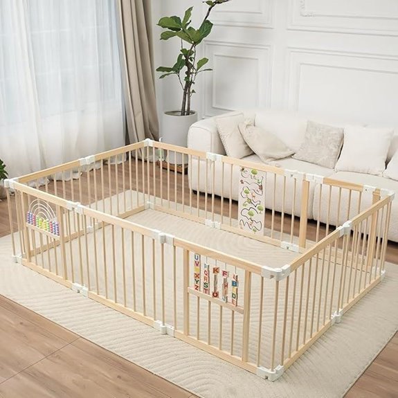 Foldable Wooden Baby Playpen with Gate and Adjustable Size