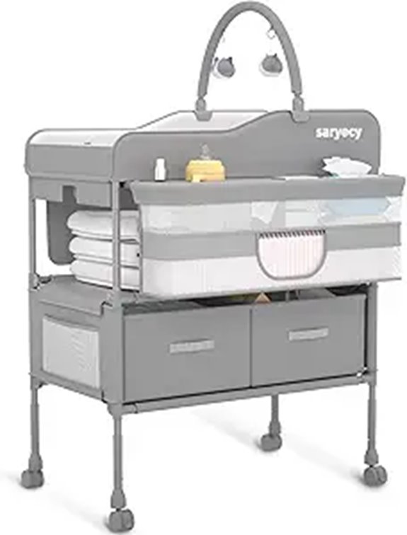 Folding Baby Changing Table with Drawers and Height Adjustment