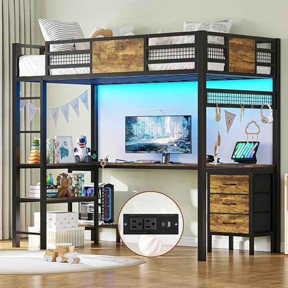 Twin Loft Bed with Desk Lights Storage and Ladder