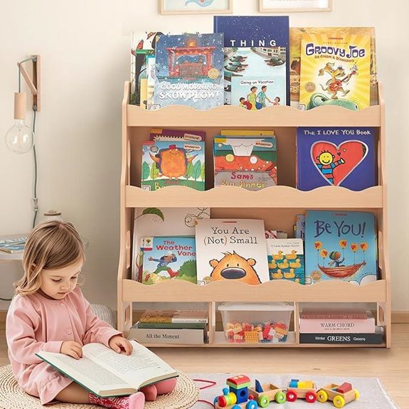 Wooden Kids Bookshelf with Bins and Scalloped Edges