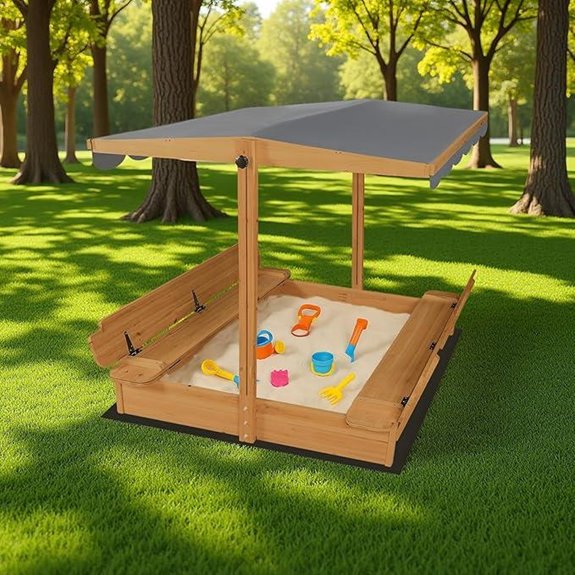 Large Wooden Outdoor Sandbox with Canopy and Bench