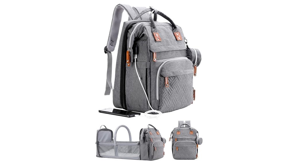 gray diaper backpack with station